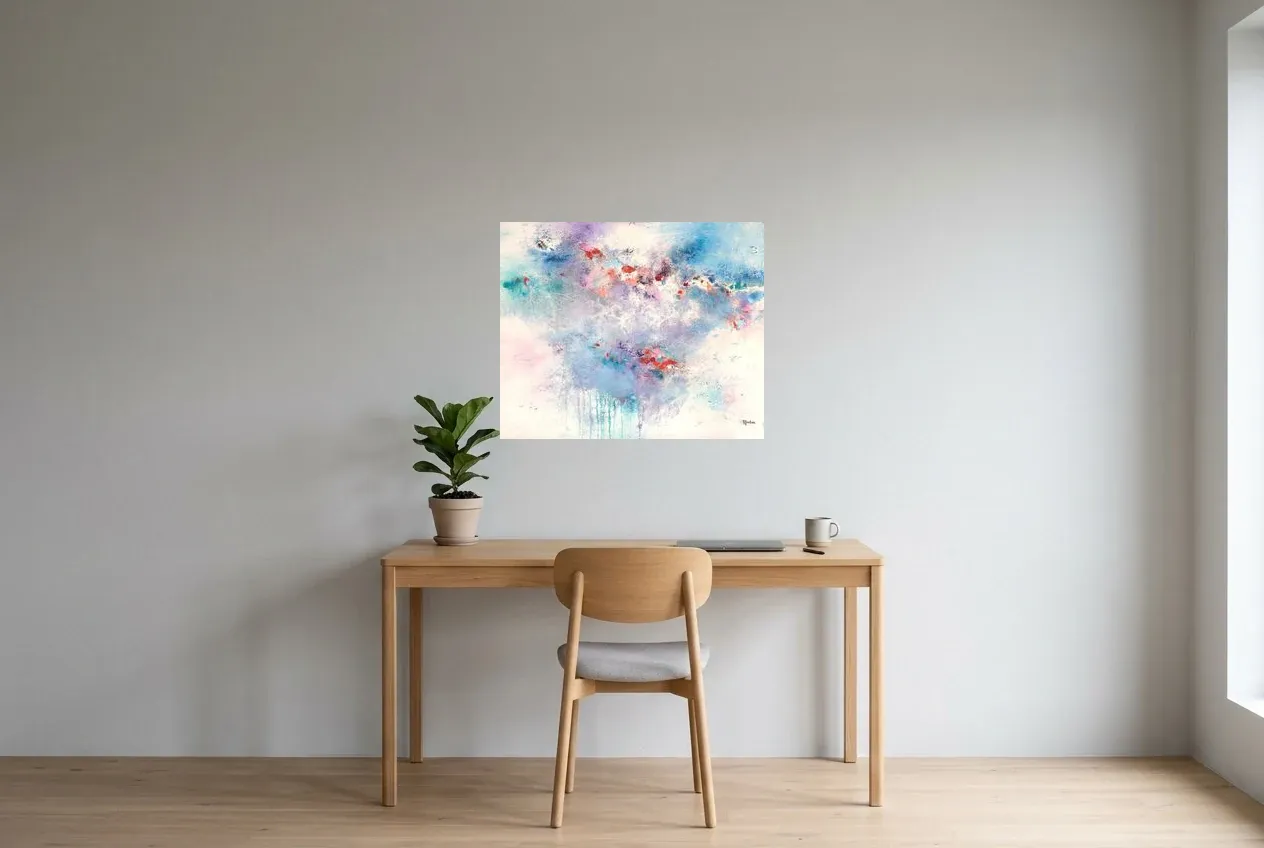 Blue Abstract Painting 159 “Pureté”, original oil painting by Régine Gardan, 73 × 60 cm, hung in a home office