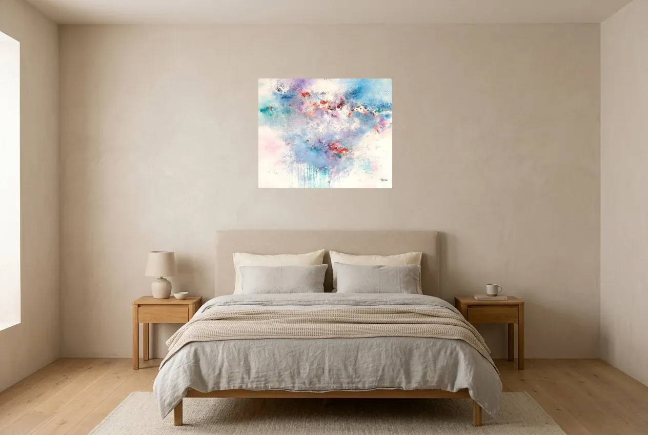 Blue Abstract Painting 159 “Pureté”, original oil painting by Régine Gardan, 73 × 60 cm, hung in a bedroom