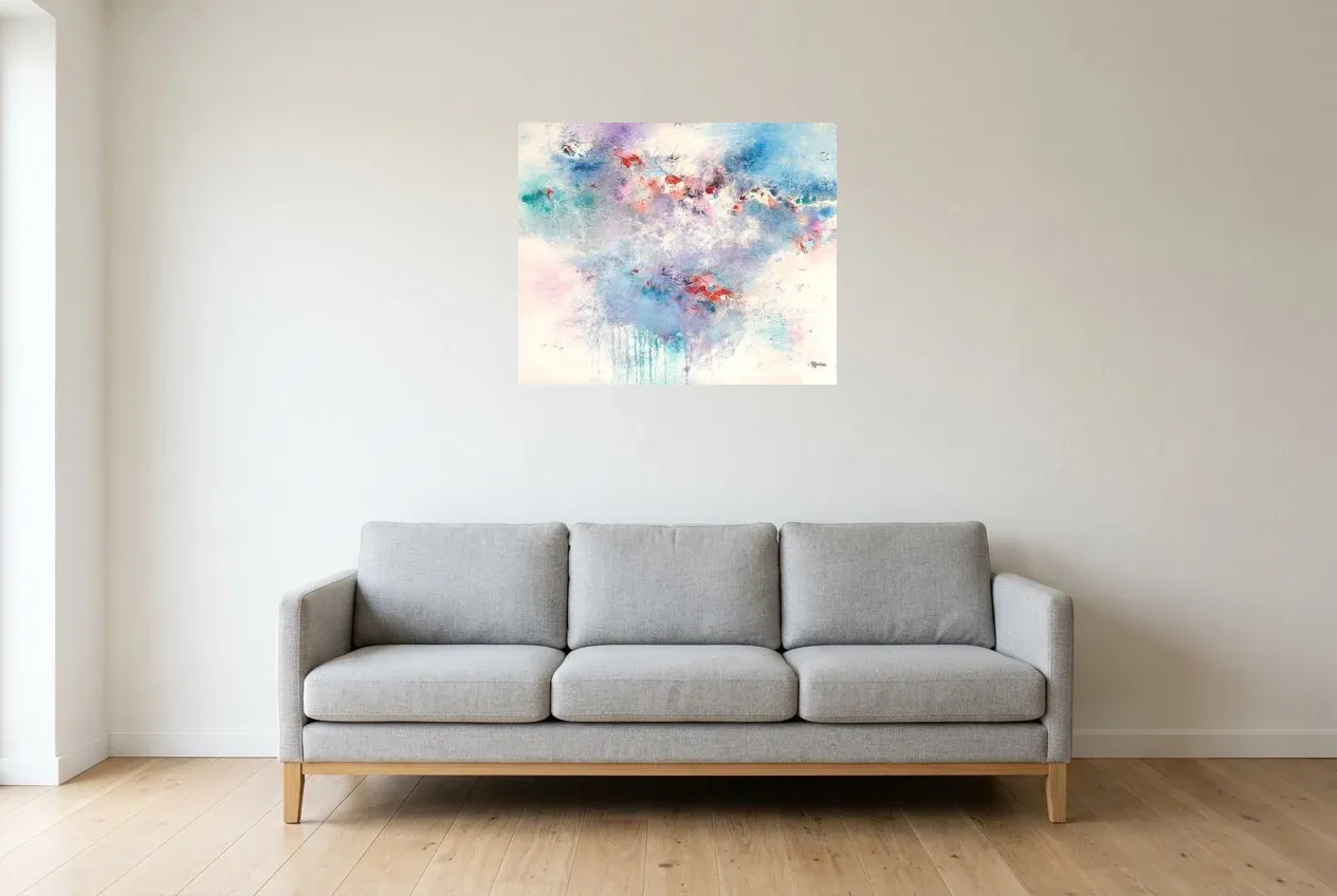 Blue Abstract Painting 159 “Pureté”, original oil painting by Régine Gardan, 73 × 60 cm, hung in a living room