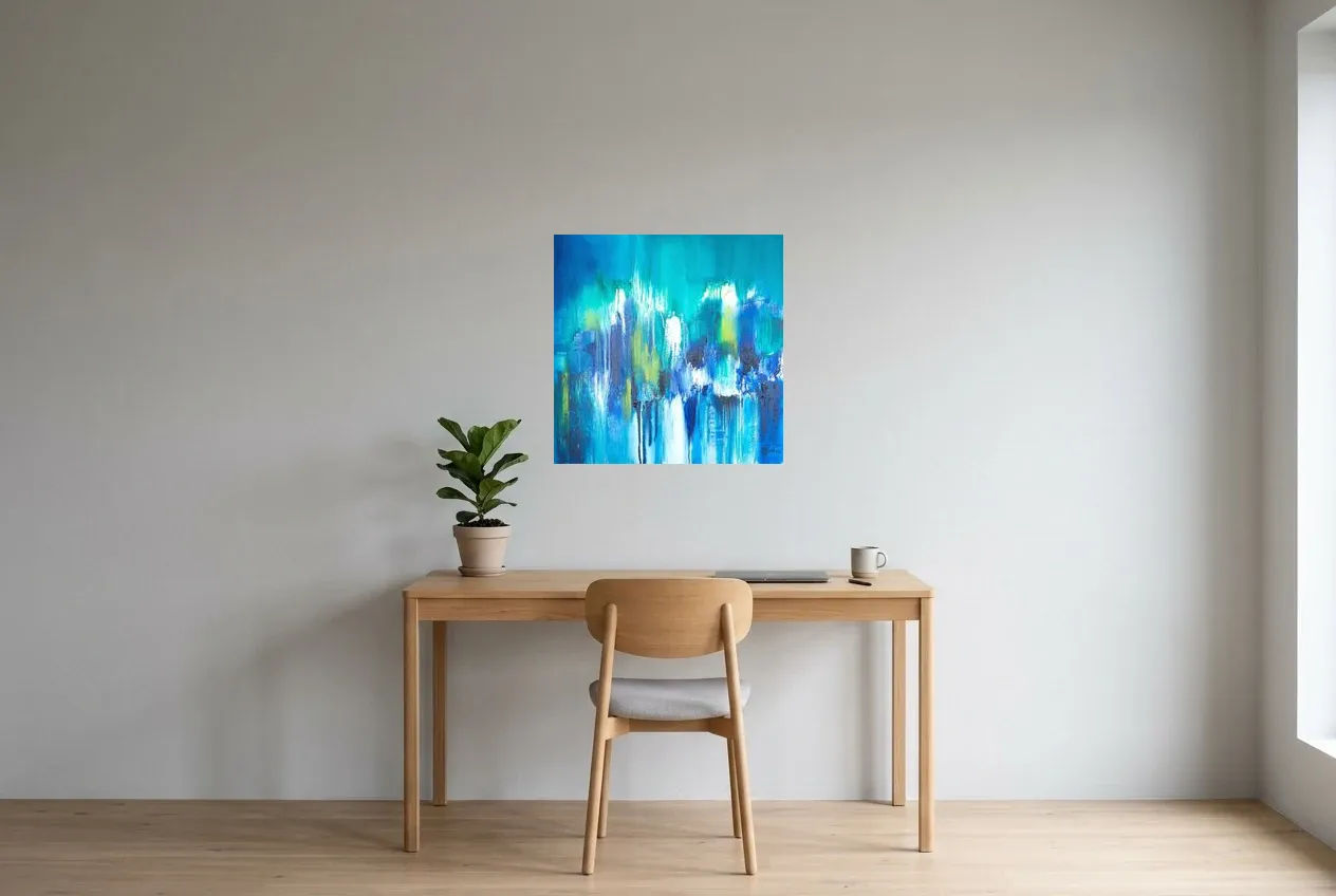 Blue Abstract Painting 163 ” Ère glaciaire”, original oil painting by Régine Gardan, 60 × 60 cm, hung in a home office