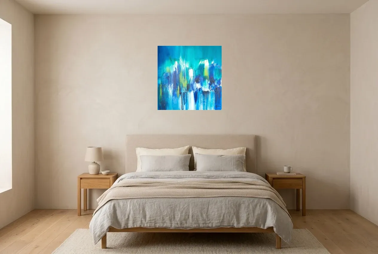 Blue Abstract Painting 163 ” Ère glaciaire”, original oil painting by Régine Gardan, 60 × 60 cm, hung in a bedroom