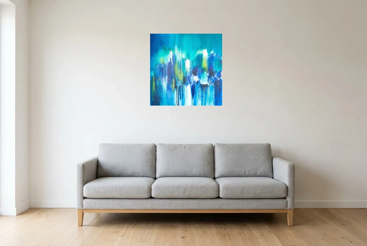 Blue Abstract Painting 163 ” Ère glaciaire”, original oil painting by Régine Gardan, 60 × 60 cm, hung in a living room