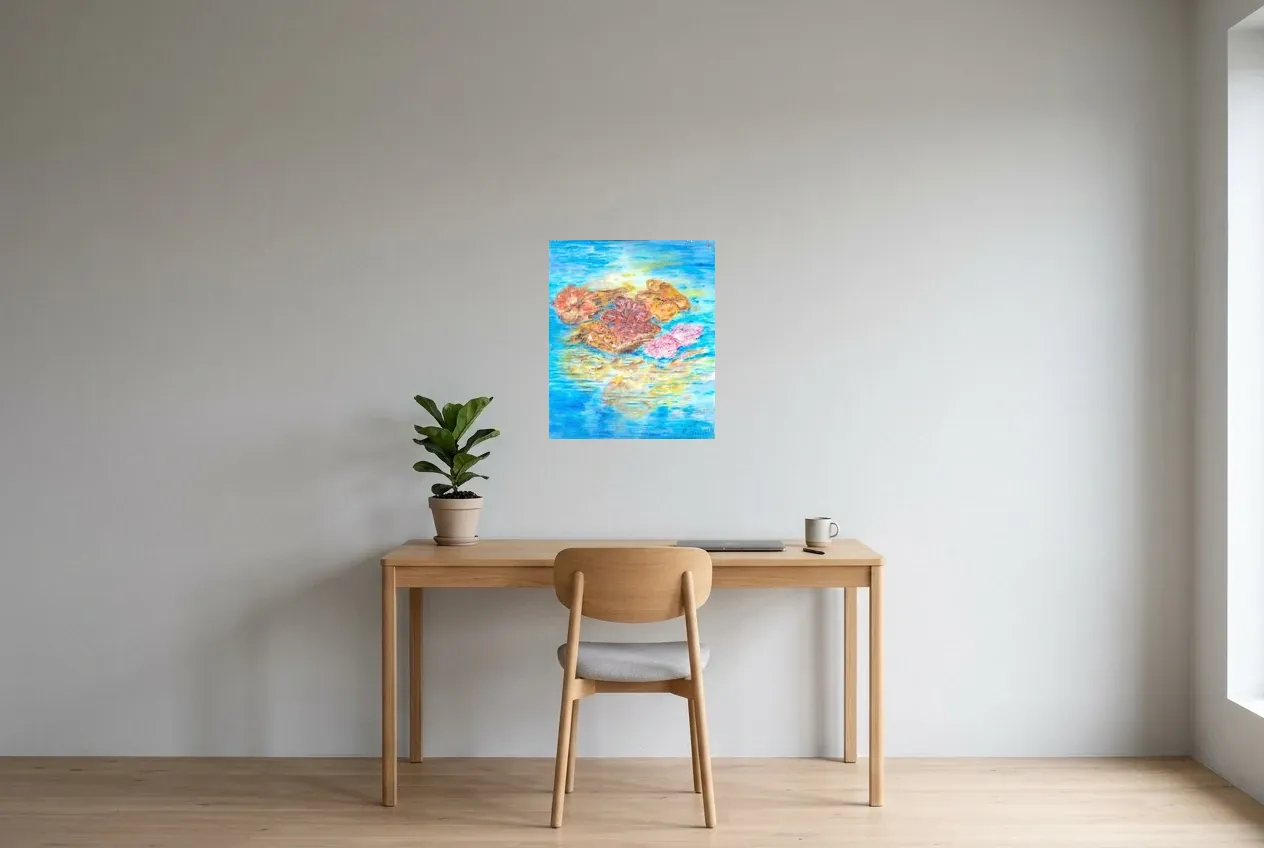 Cuadro Abstracto Azul 173 “Lotus”, pintura original al óleo de Régine Gardan, 46 × 55 cm, colgado en un despacho