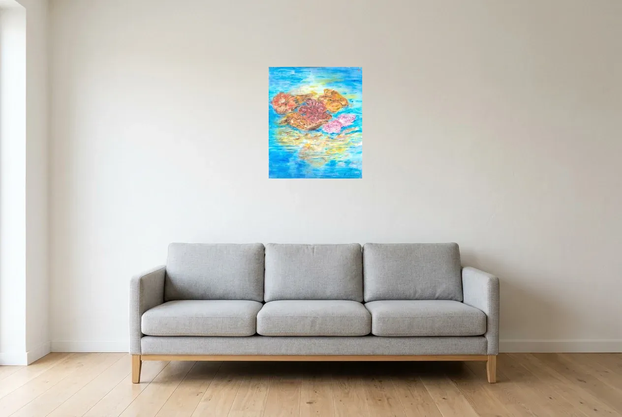 Cuadro Abstracto Azul 173 “Lotus”, pintura original al óleo de Régine Gardan, 46 × 55 cm, colgado en un salón