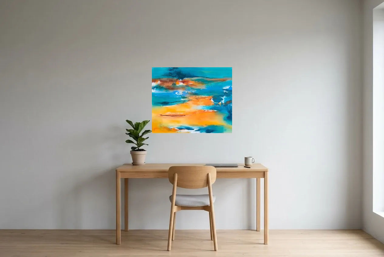 Blue Abstract Painting 177 “Plage Paradisiaque”, original oil painting by Régine Gardan, 73 × 60 cm, hung in a home office