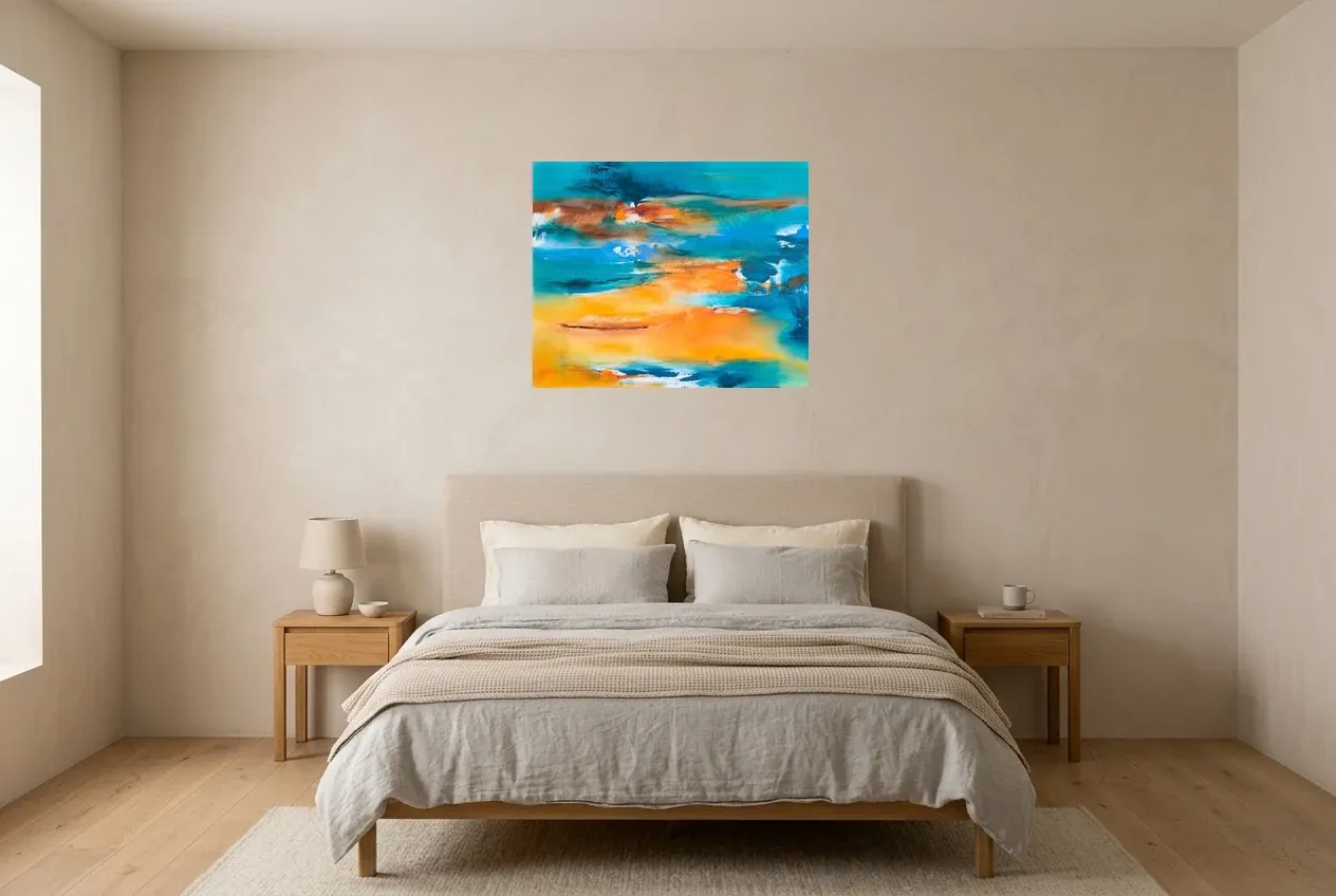 Blue Abstract Painting 177 “Plage Paradisiaque”, original oil painting by Régine Gardan, 73 × 60 cm, hung in a bedroom