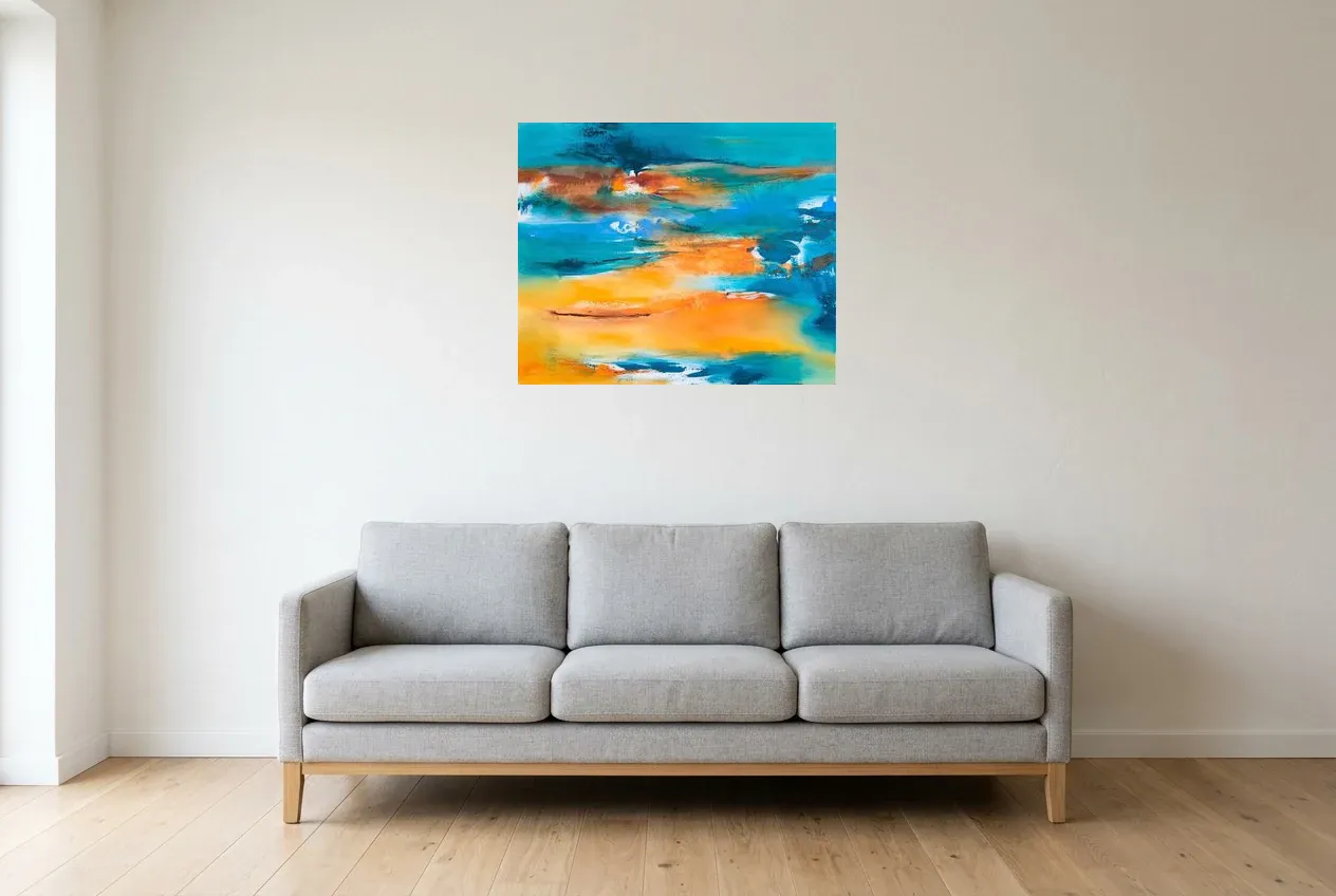 Blue Abstract Painting 177 “Plage Paradisiaque”, original oil painting by Régine Gardan, 73 × 60 cm, hung in a living room