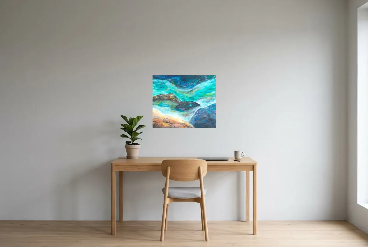 Blue Abstract Painting 180 “Courant Marin”, original oil painting by Régine Gardan, 60 × 50 cm, hung in a home office
