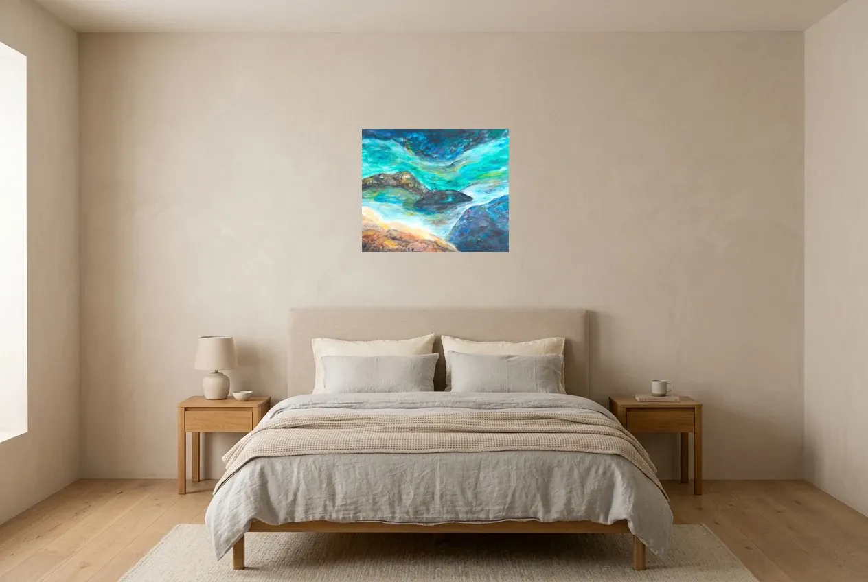 Blue Abstract Painting 180 “Courant Marin”, original oil painting by Régine Gardan, 60 × 50 cm, hung in a bedroom