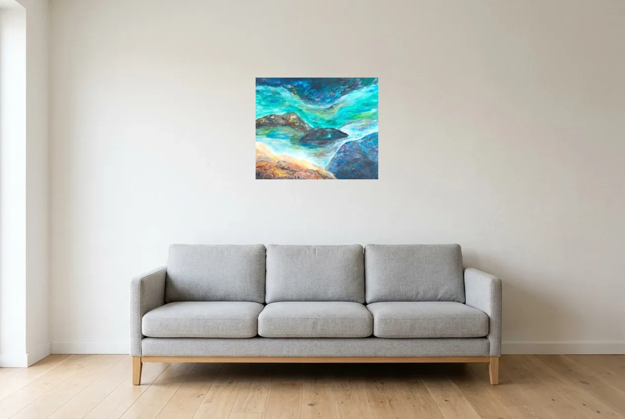 Blue Abstract Painting 180 “Courant Marin”, original oil painting by Régine Gardan, 60 × 50 cm, hung in a living room