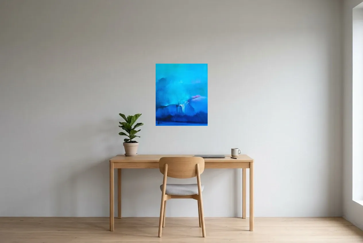 Blue Abstract Painting 184 “Abysse”, original oil painting by Régine Gardan, 50 × 60 cm, hung in a home office