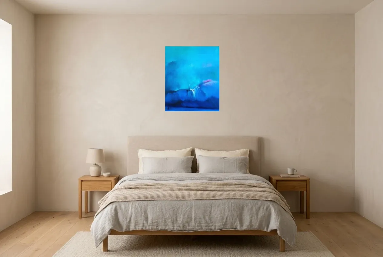 Blue Abstract Painting 184 “Abysse”, original oil painting by Régine Gardan, 50 × 60 cm, hung in a bedroom