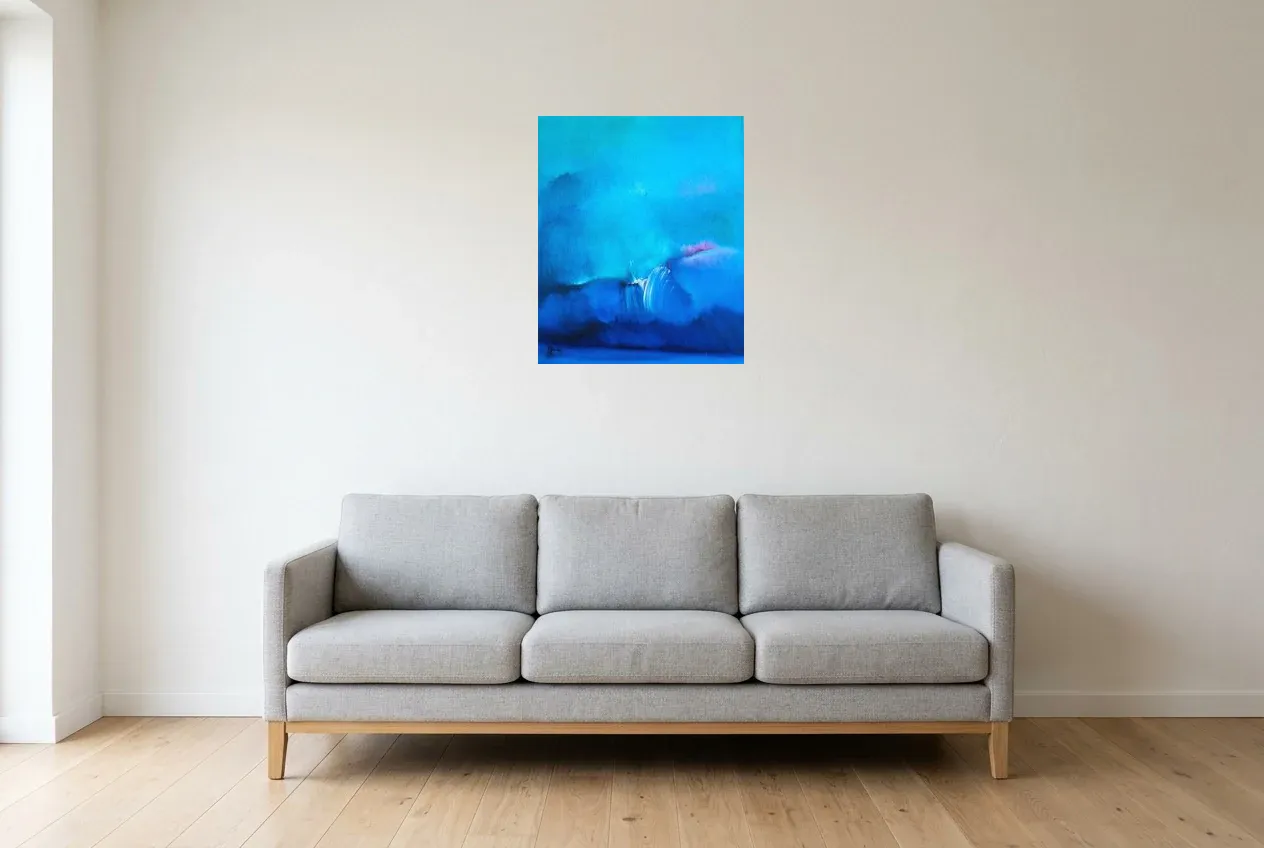 Blue Abstract Painting 184 “Abysse”, original oil painting by Régine Gardan, 50 × 60 cm, hung in a living room
