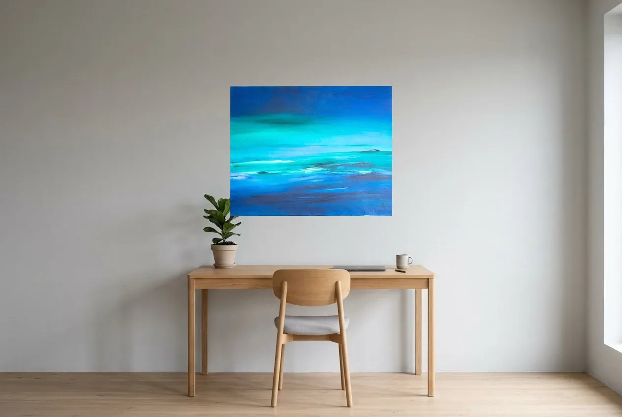 Blue Abstract Painting 195 ” Ligne Horizon”, original oil painting by Régine Gardan, 91 × 73 cm, hung in a home office