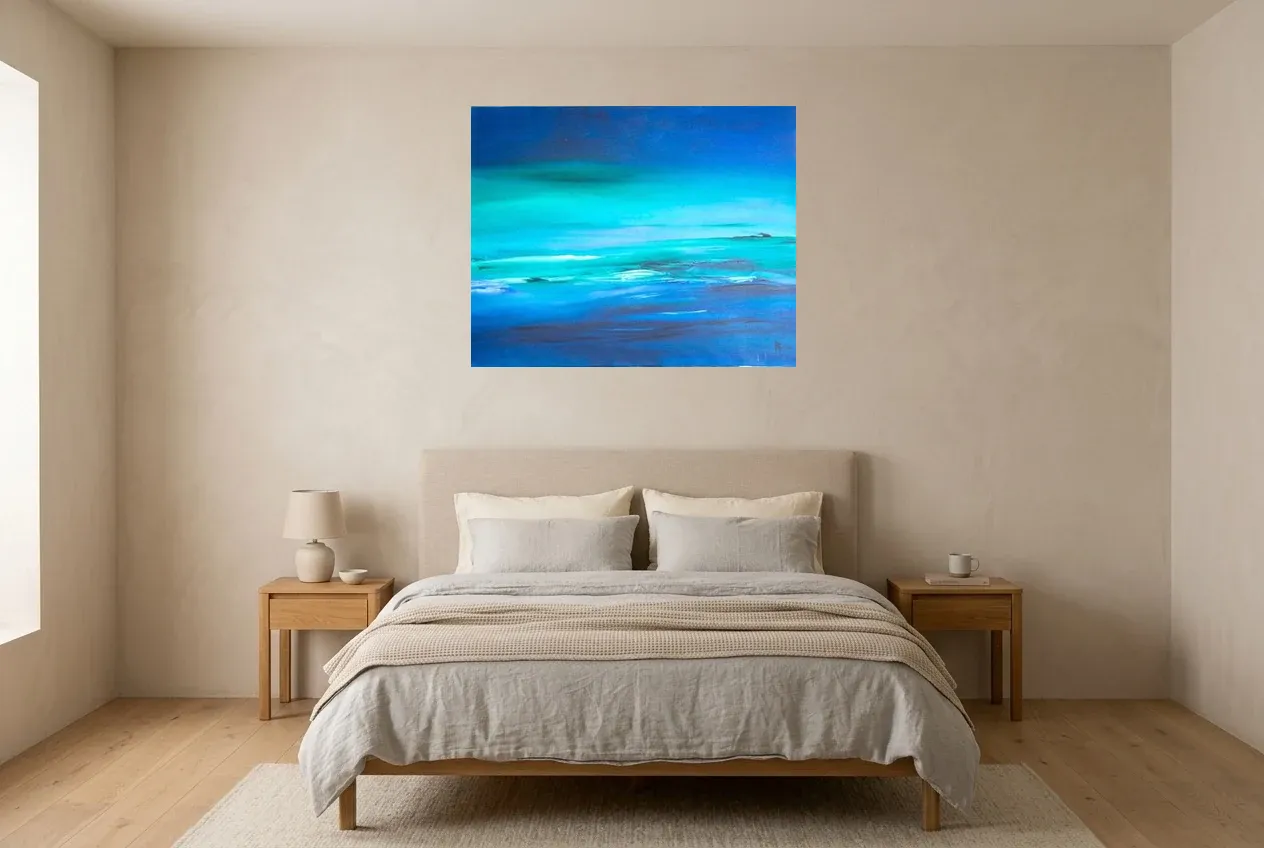 Blue Abstract Painting 195 ” Ligne Horizon”, original oil painting by Régine Gardan, 91 × 73 cm, hung in a bedroom