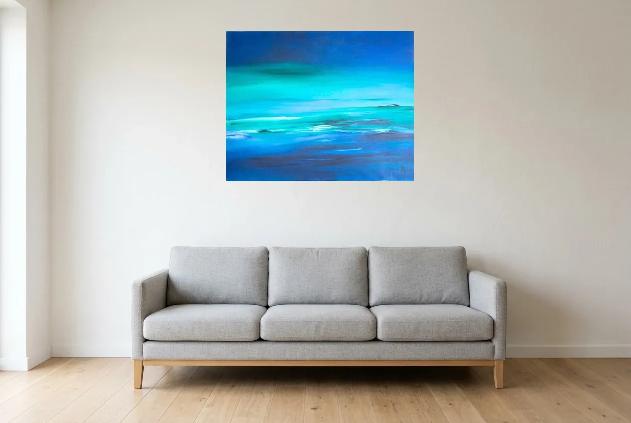 Blue Abstract Painting 195 ” Ligne Horizon”, original oil painting by Régine Gardan, 91 × 73 cm, hung in a living room