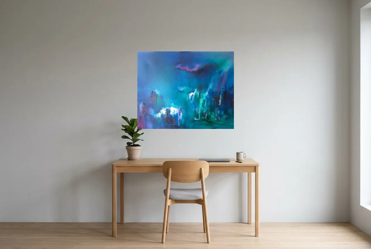 Blue Abstract Painting 20 “Cascade”, original oil painting by Régine Gardan, 91 × 73 cm, hung in a home office