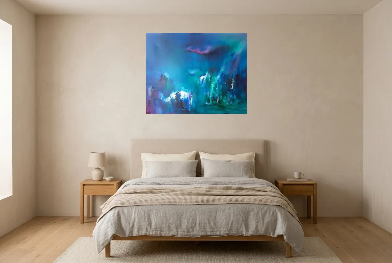 Blue Abstract Painting 20 “Cascade”, original oil painting by Régine Gardan, 91 × 73 cm, hung in a bedroom