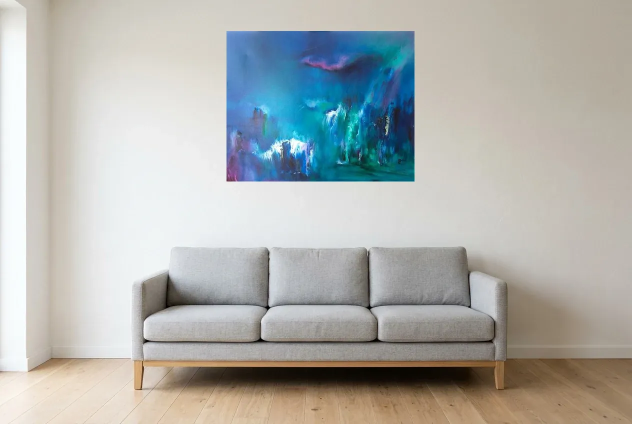 Blue Abstract Painting 20 “Cascade”, original oil painting by Régine Gardan, 91 × 73 cm, hung in a living room