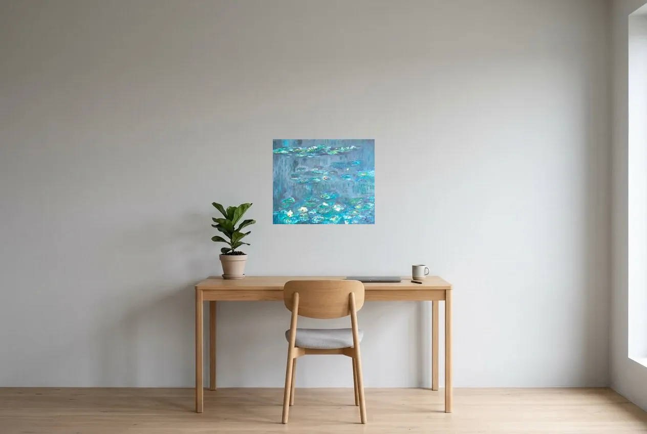 Blue Abstract Painting 201 “Nénuphars”, original oil painting by Régine Gardan, 55 × 46 cm, hung in a home office