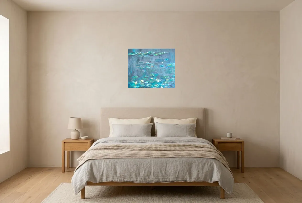 Blue Abstract Painting 201 “Nénuphars”, original oil painting by Régine Gardan, 55 × 46 cm, hung in a bedroom