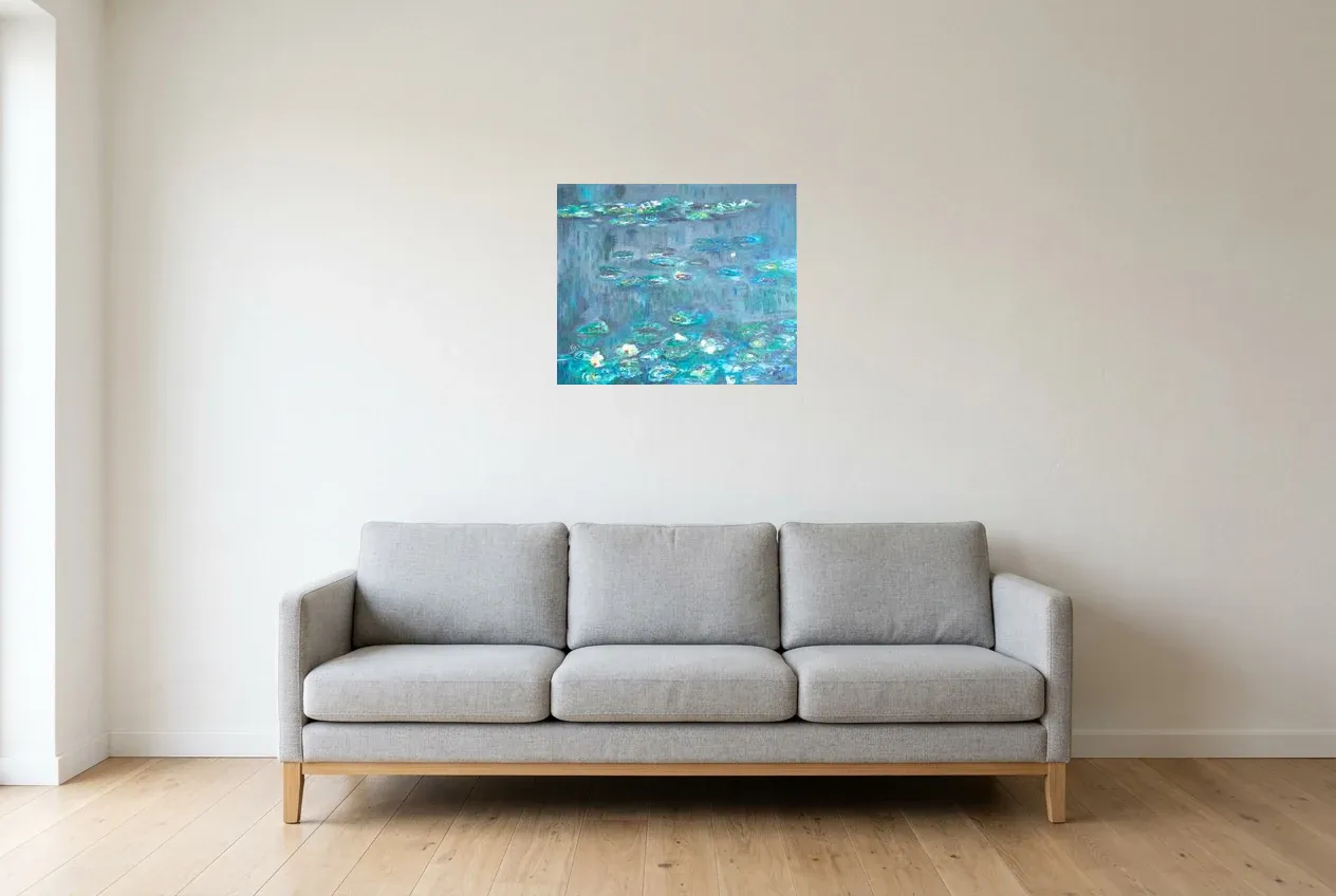 Blue Abstract Painting 201 “Nénuphars”, original oil painting by Régine Gardan, 55 × 46 cm, hung in a living room