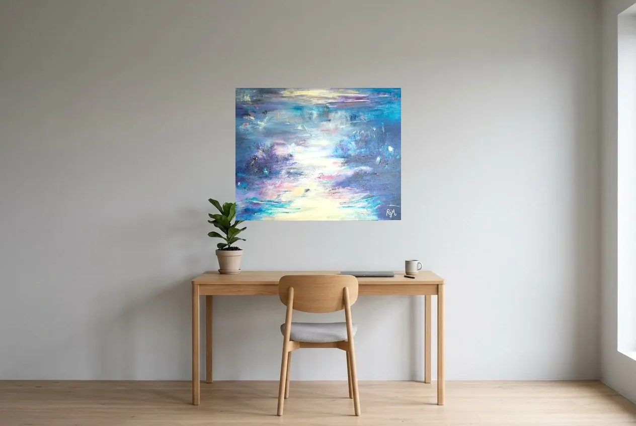 Blue Abstract Painting 202 “Renaissance”, original oil painting by Régine Gardan, 91 × 73 cm, hung in a home office