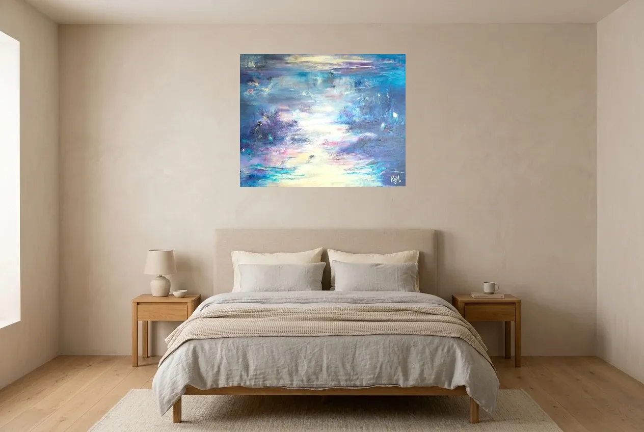 Blue Abstract Painting 202 “Renaissance”, original oil painting by Régine Gardan, 91 × 73 cm, hung in a bedroom