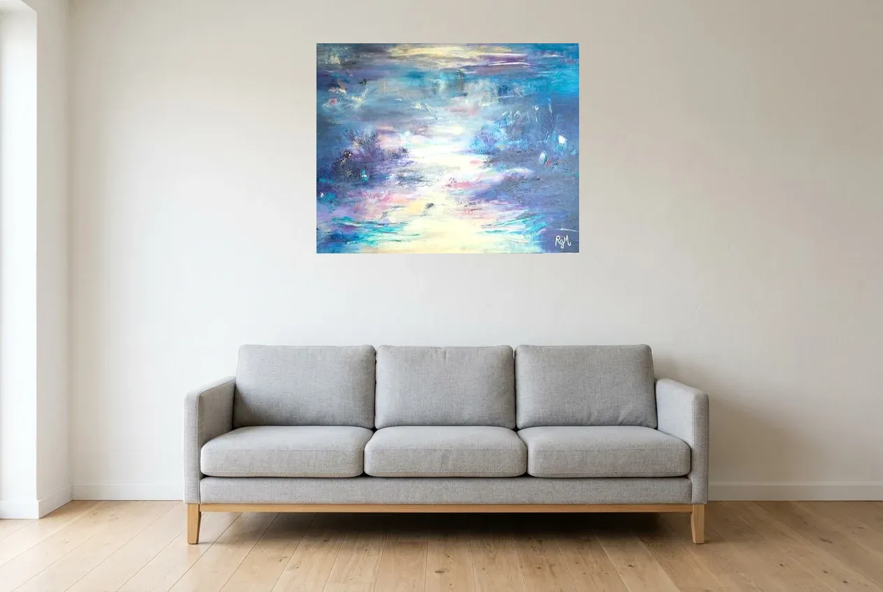 Blue Abstract Painting 202 “Renaissance”, original oil painting by Régine Gardan, 91 × 73 cm, hung in a living room