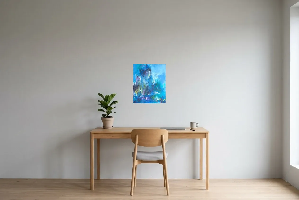 Blue Abstract Painting 205 “Gardien”, original oil painting by Régine Gardan, 38 × 46 cm, hung in a home office