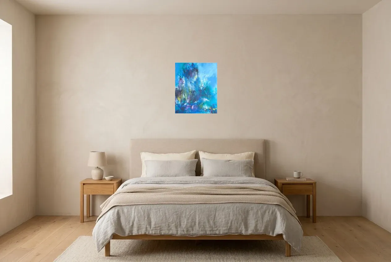 Blue Abstract Painting 205 “Gardien”, original oil painting by Régine Gardan, 38 × 46 cm, hung in a bedroom
