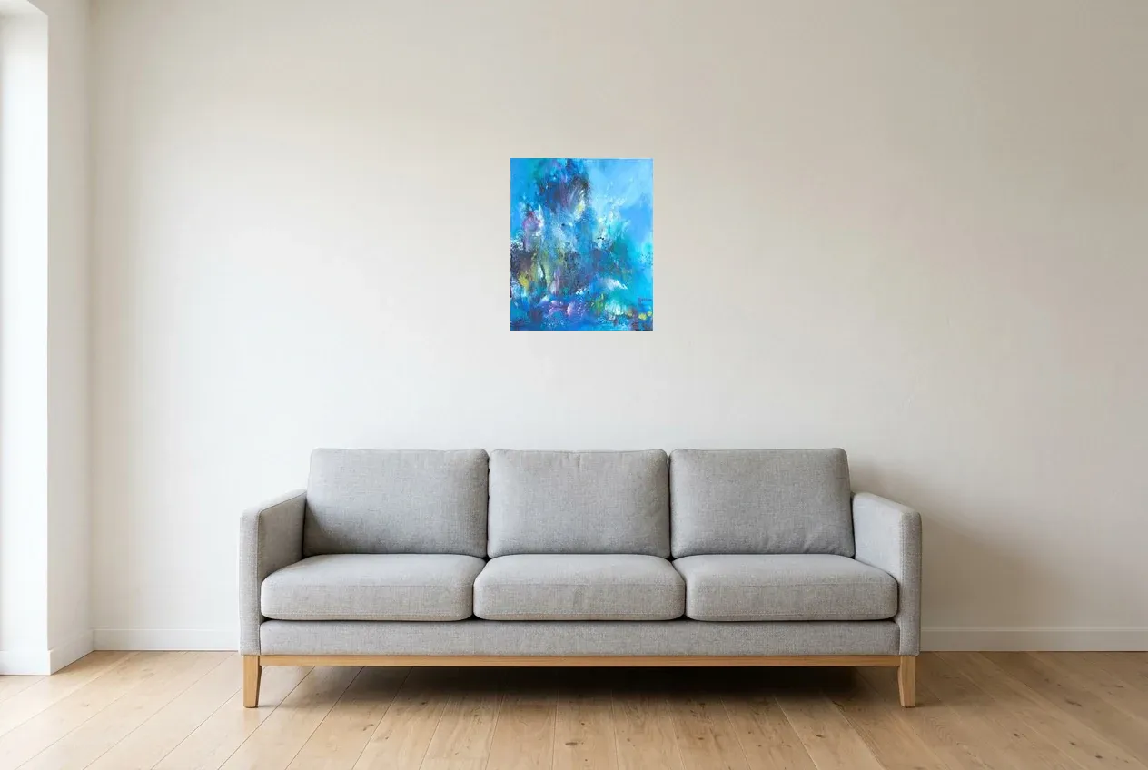 Blue Abstract Painting 205 “Gardien”, original oil painting by Régine Gardan, 38 × 46 cm, hung in a living room