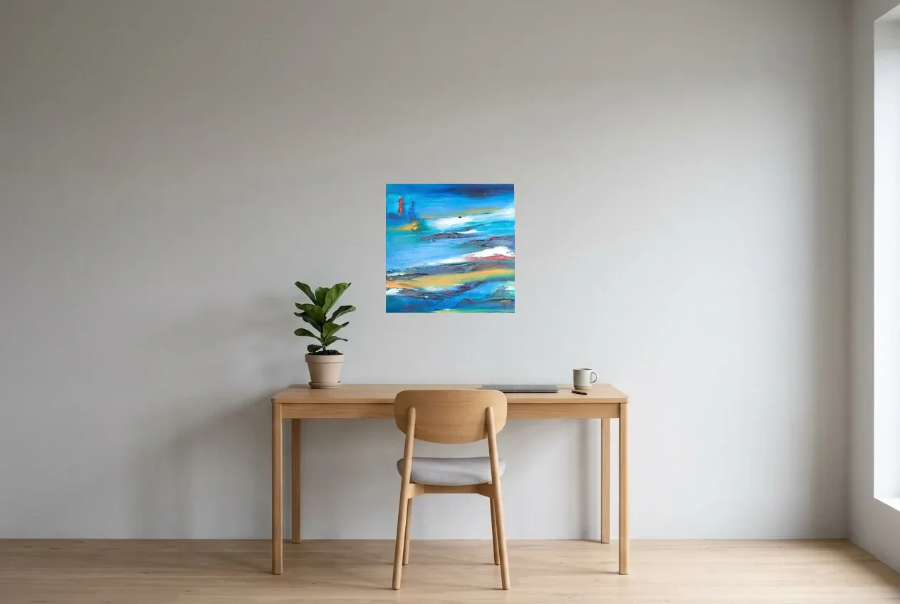 Blue Abstract Painting 206 “Nouveau Départ”, original oil painting by Régine Gardan, 50 × 50 cm, hung in a home office