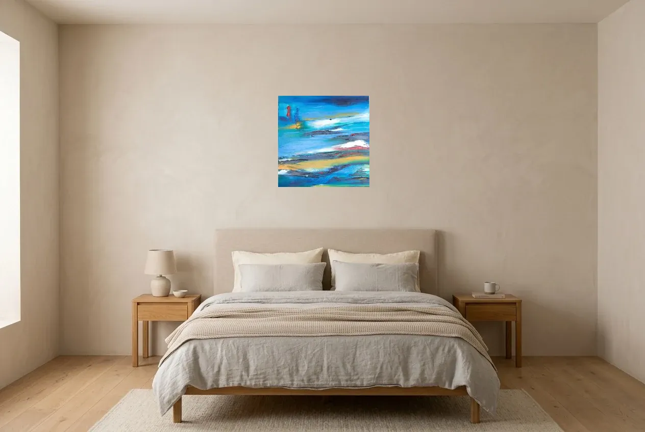Blue Abstract Painting 206 “Nouveau Départ”, original oil painting by Régine Gardan, 50 × 50 cm, hung in a bedroom