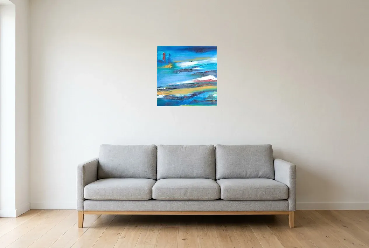 Blue Abstract Painting 206 “Nouveau Départ”, original oil painting by Régine Gardan, 50 × 50 cm, hung in a living room