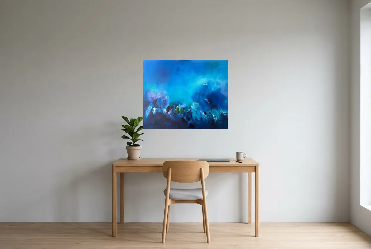 Blue Abstract Painting 21 “Profondeur Marin”, original oil painting by Régine Gardan, 80 × 65 cm, hung in a home office