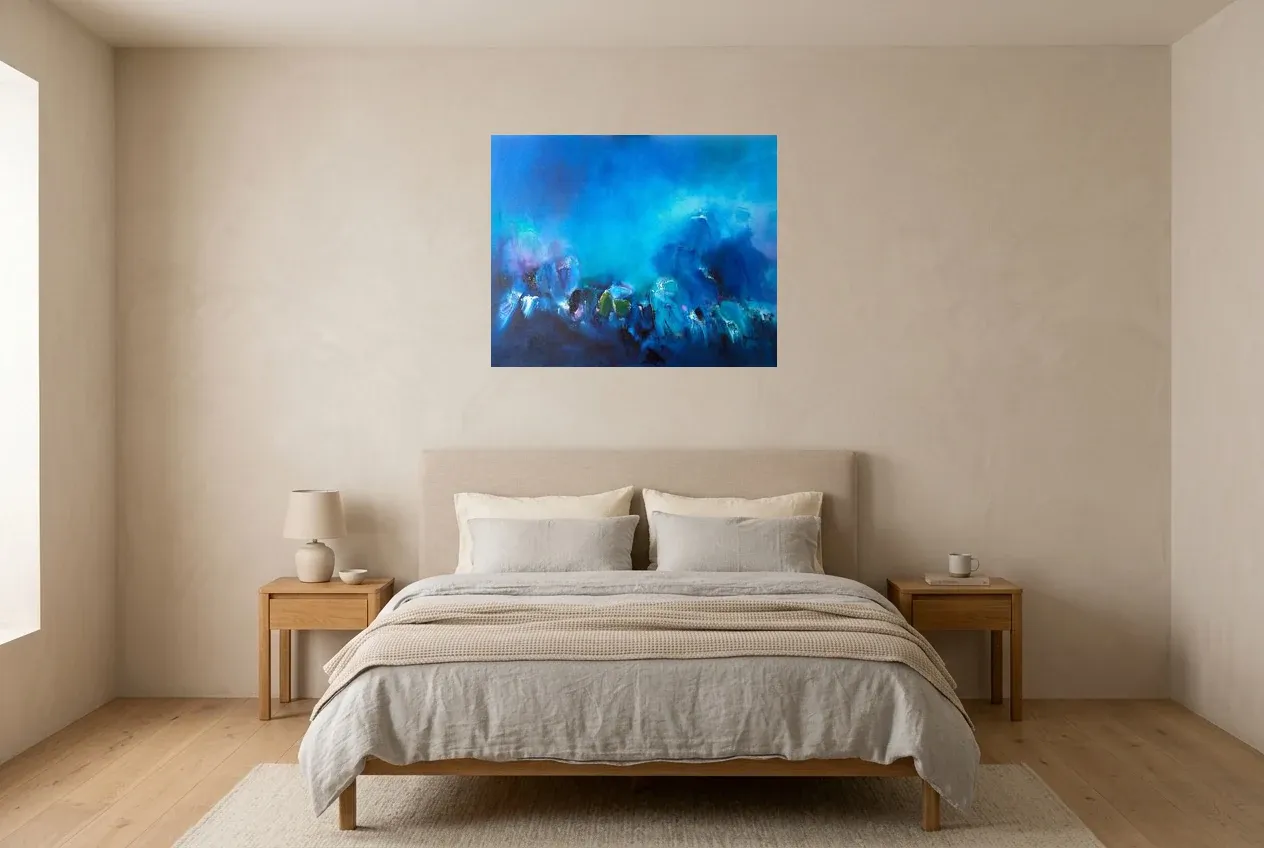 Blue Abstract Painting 21 “Profondeur Marin”, original oil painting by Régine Gardan, 80 × 65 cm, hung in a bedroom