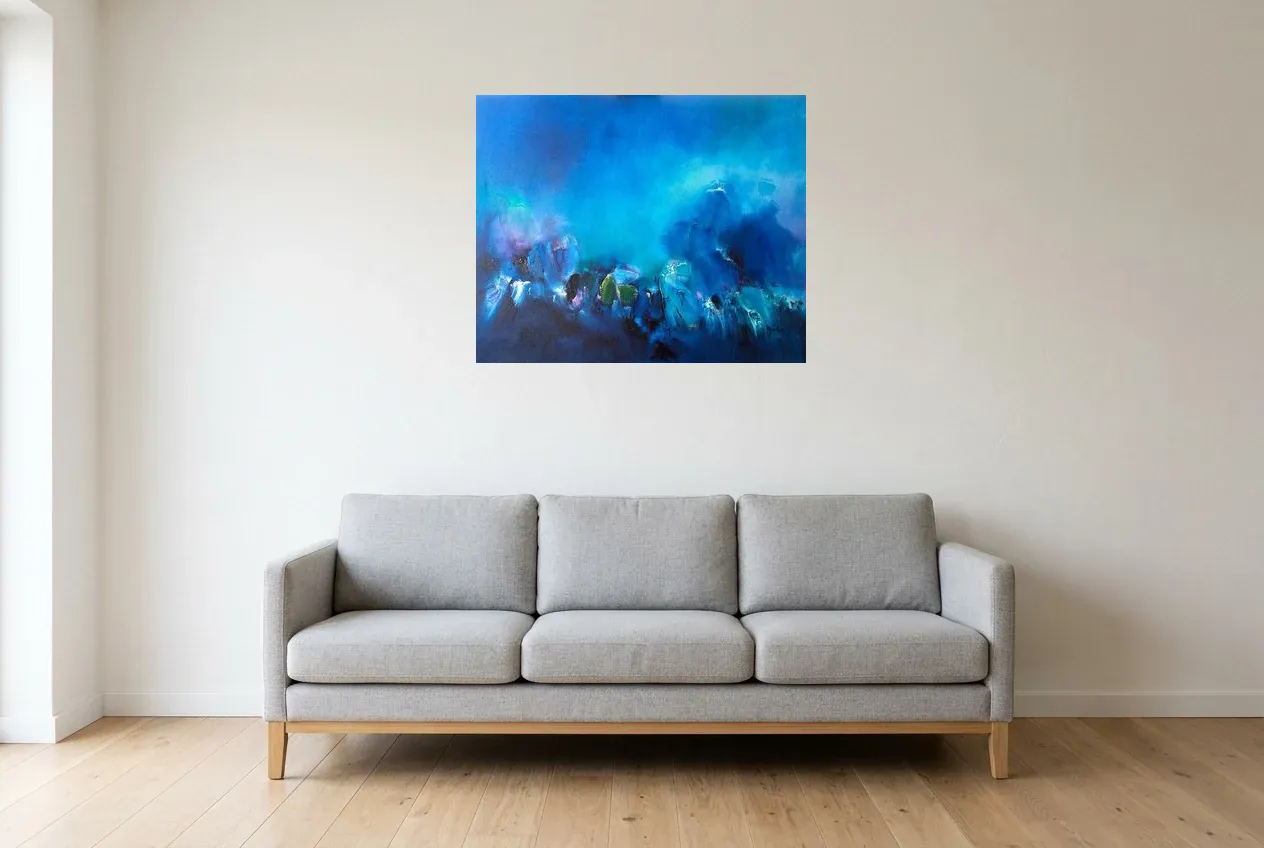 Blue Abstract Painting 21 “Profondeur Marin”, original oil painting by Régine Gardan, 80 × 65 cm, hung in a living room