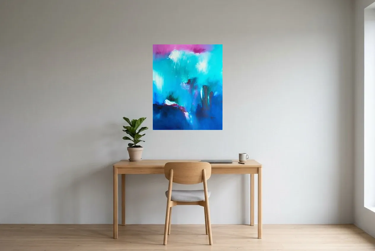 Blue Abstract Painting 214 “Douceur”, original oil painting by Régine Gardan, 65 × 80 cm, hung in a home office