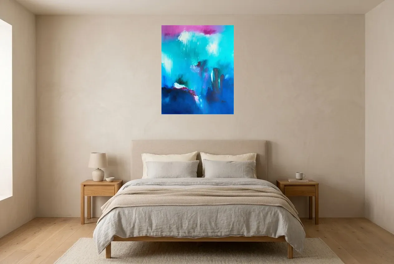 Blue Abstract Painting 214 “Douceur”, original oil painting by Régine Gardan, 65 × 80 cm, hung in a bedroom