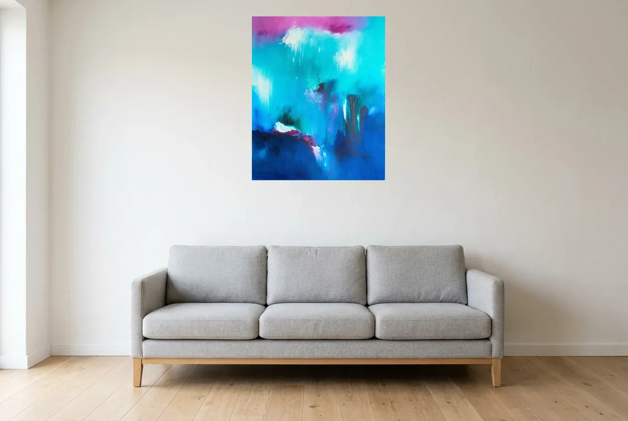 Blue Abstract Painting 214 “Douceur”, original oil painting by Régine Gardan, 65 × 80 cm, hung in a living room