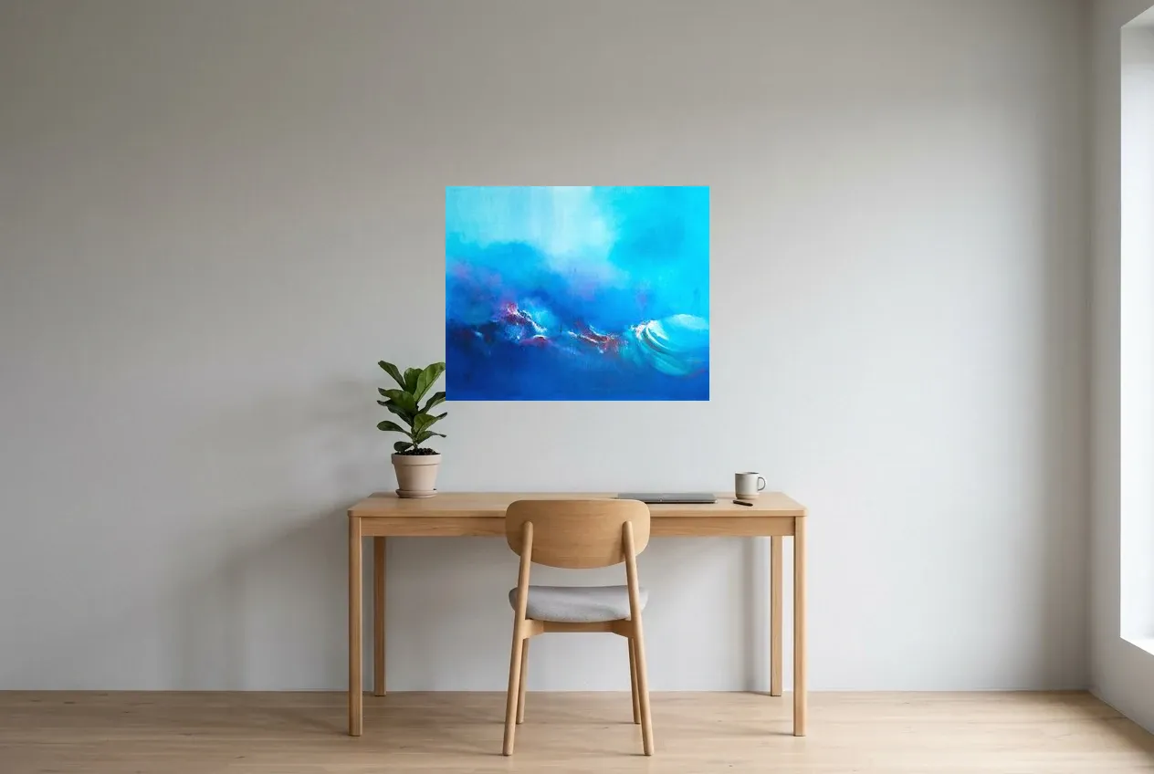 Blue Abstract Painting 215 “Stratosphère”, original oil painting by Régine Gardan, 80 × 65 cm, hung in a home office