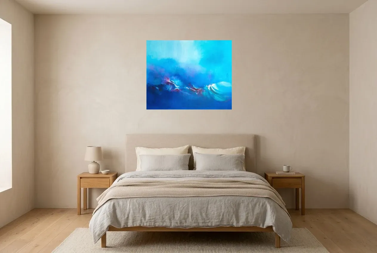 Blue Abstract Painting 215 “Stratosphère”, original oil painting by Régine Gardan, 80 × 65 cm, hung in a bedroom