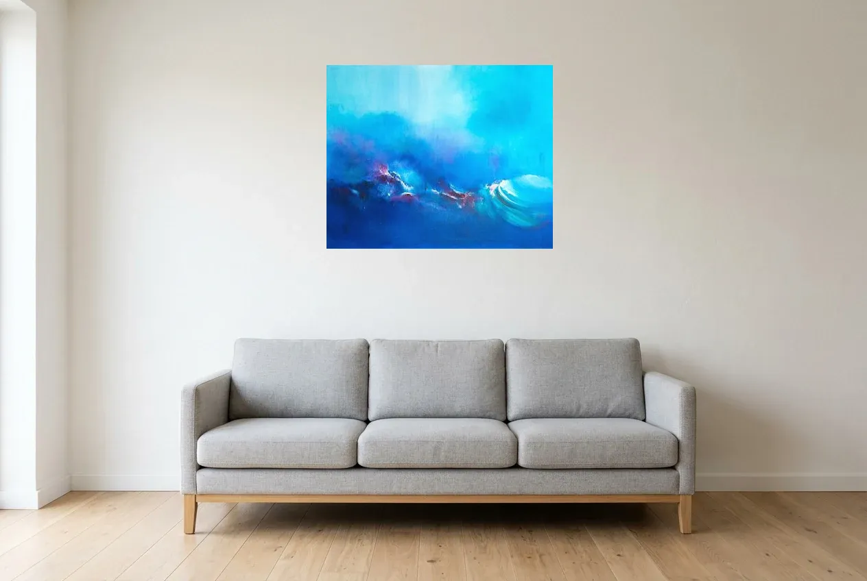 Blue Abstract Painting 215 “Stratosphère”, original oil painting by Régine Gardan, 80 × 65 cm, hung in a living room