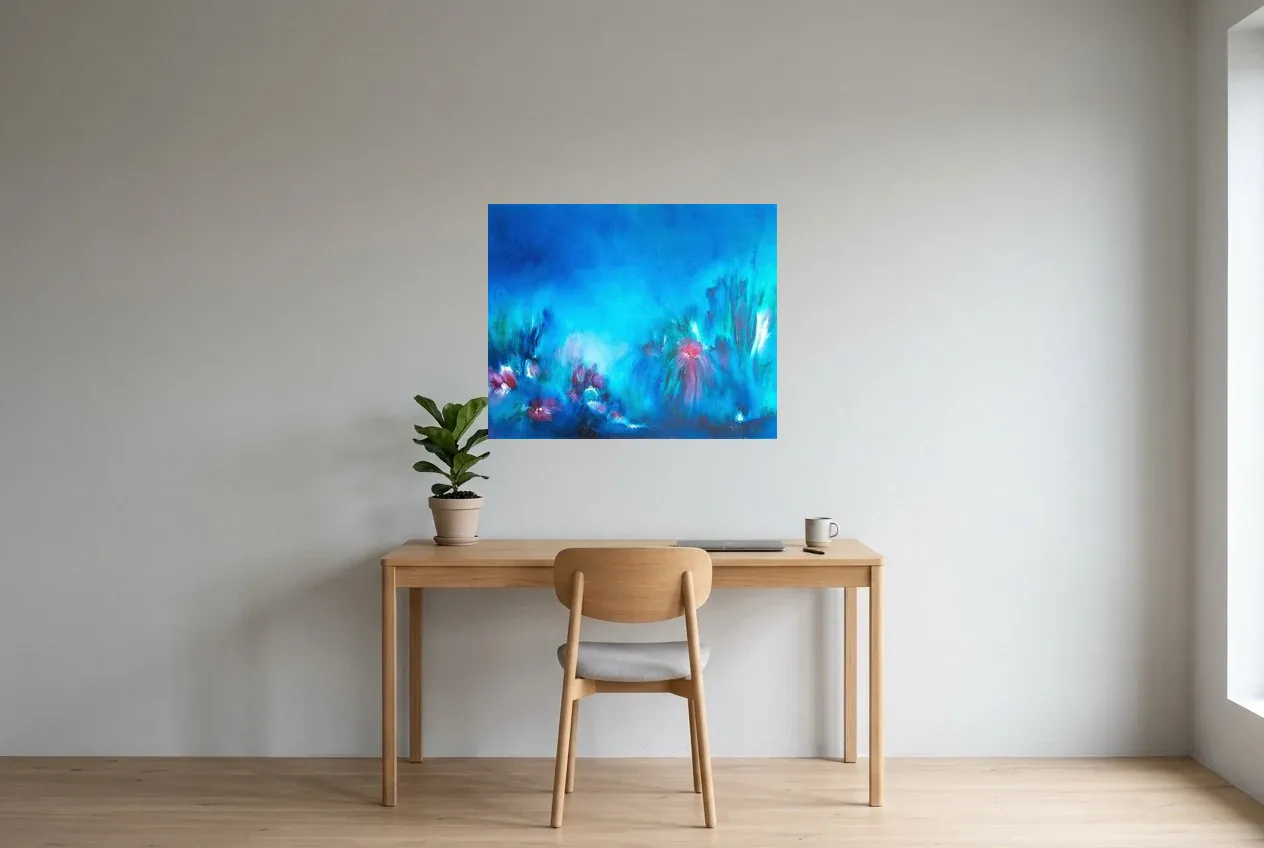 Blue Abstract Painting 218 “Fleurs De Nuit”, original oil painting by Régine Gardan, 80 × 65 cm, hung in a home office