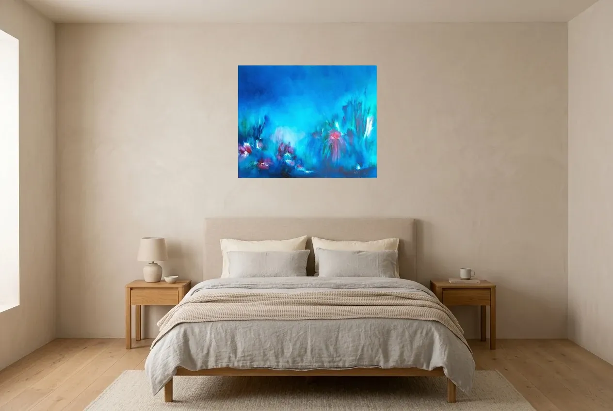 Blue Abstract Painting 218 “Fleurs De Nuit”, original oil painting by Régine Gardan, 80 × 65 cm, hung in a bedroom