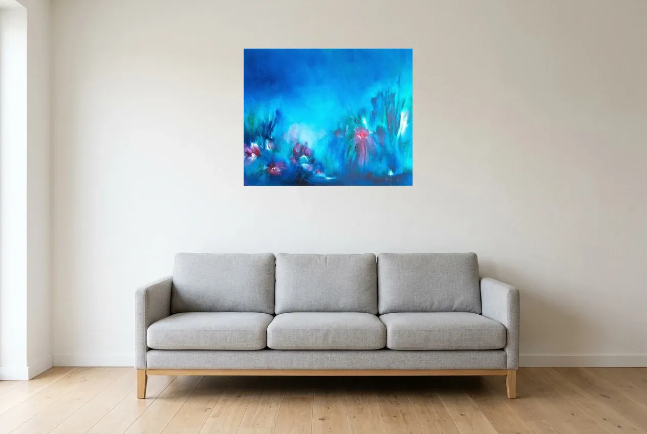 Blue Abstract Painting 218 “Fleurs De Nuit”, original oil painting by Régine Gardan, 80 × 65 cm, hung in a living room