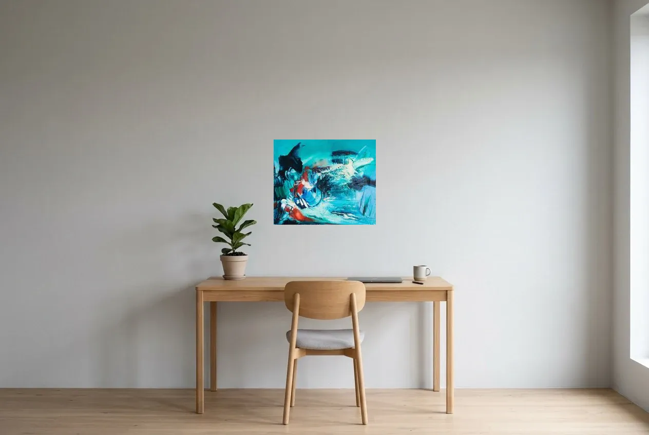 Blue Abstract Painting 229 “Noctiluca”, original oil painting by Régine Gardan, 55 × 46 cm, hung in a home office