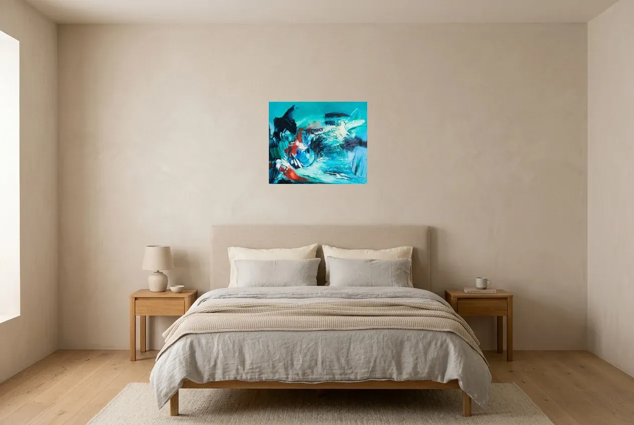 Blue Abstract Painting 229 “Noctiluca”, original oil painting by Régine Gardan, 55 × 46 cm, hung in a bedroom