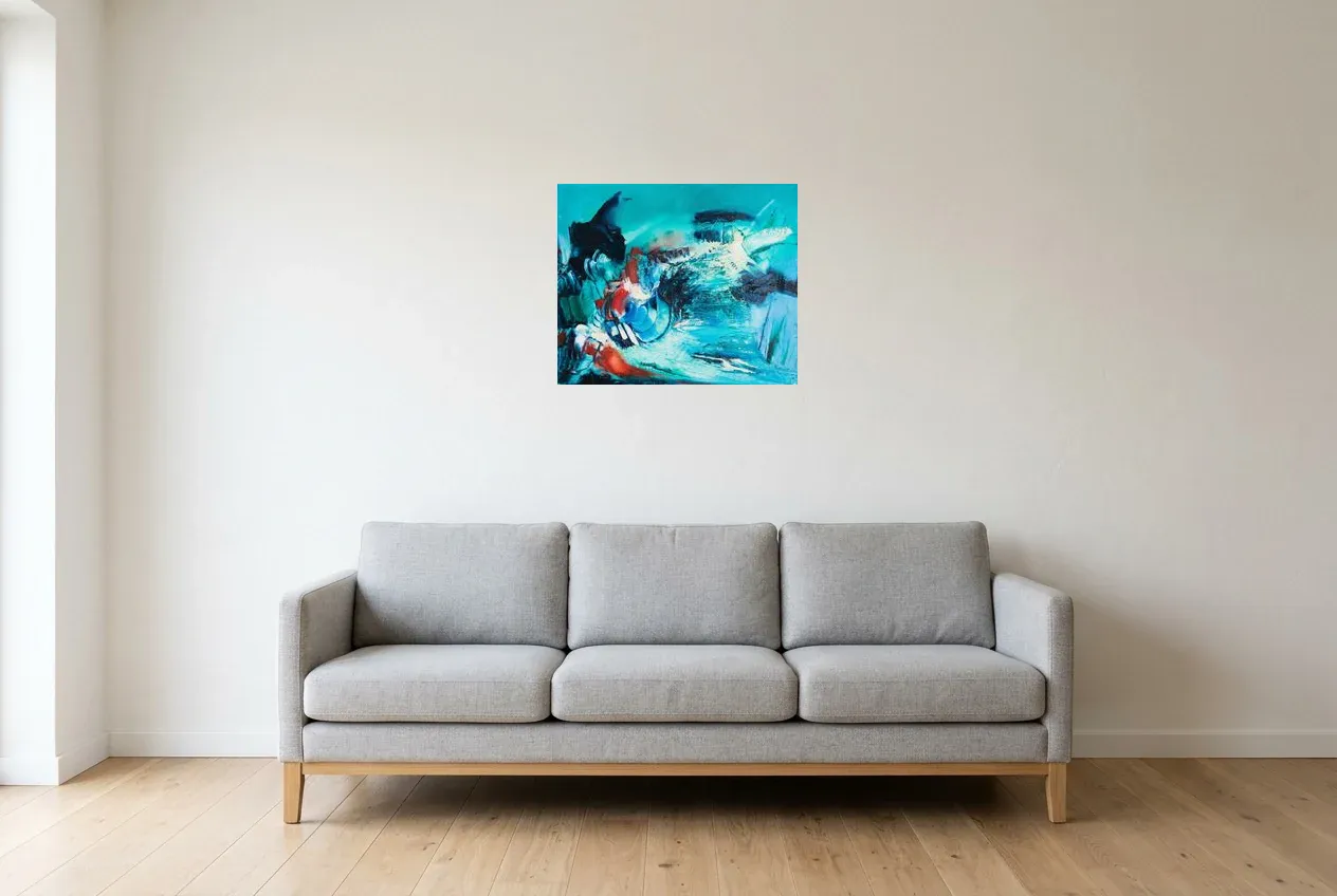 Blue Abstract Painting 229 “Noctiluca”, original oil painting by Régine Gardan, 55 × 46 cm, hung in a living room